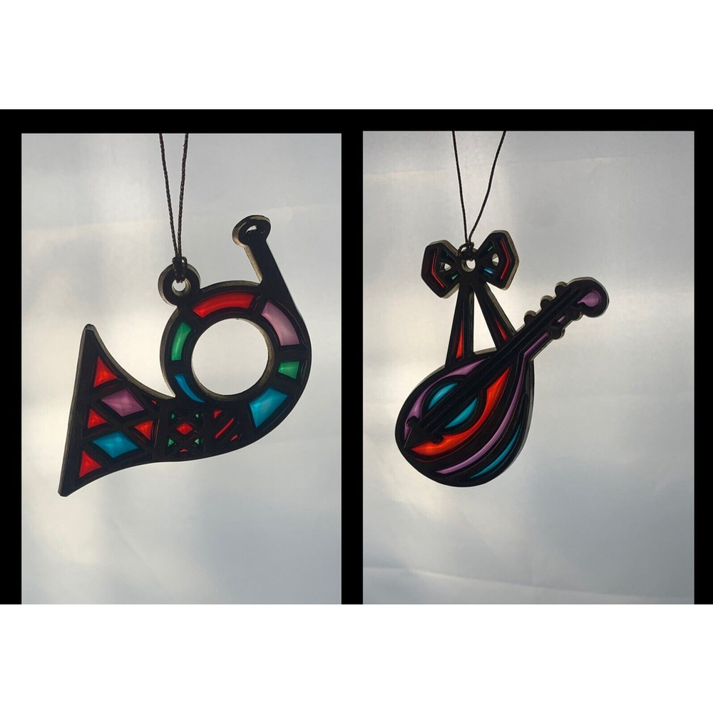 Avon, Stained Glass, Mandolin and Horn, Gold Tone, Vintage 1984, Ornaments